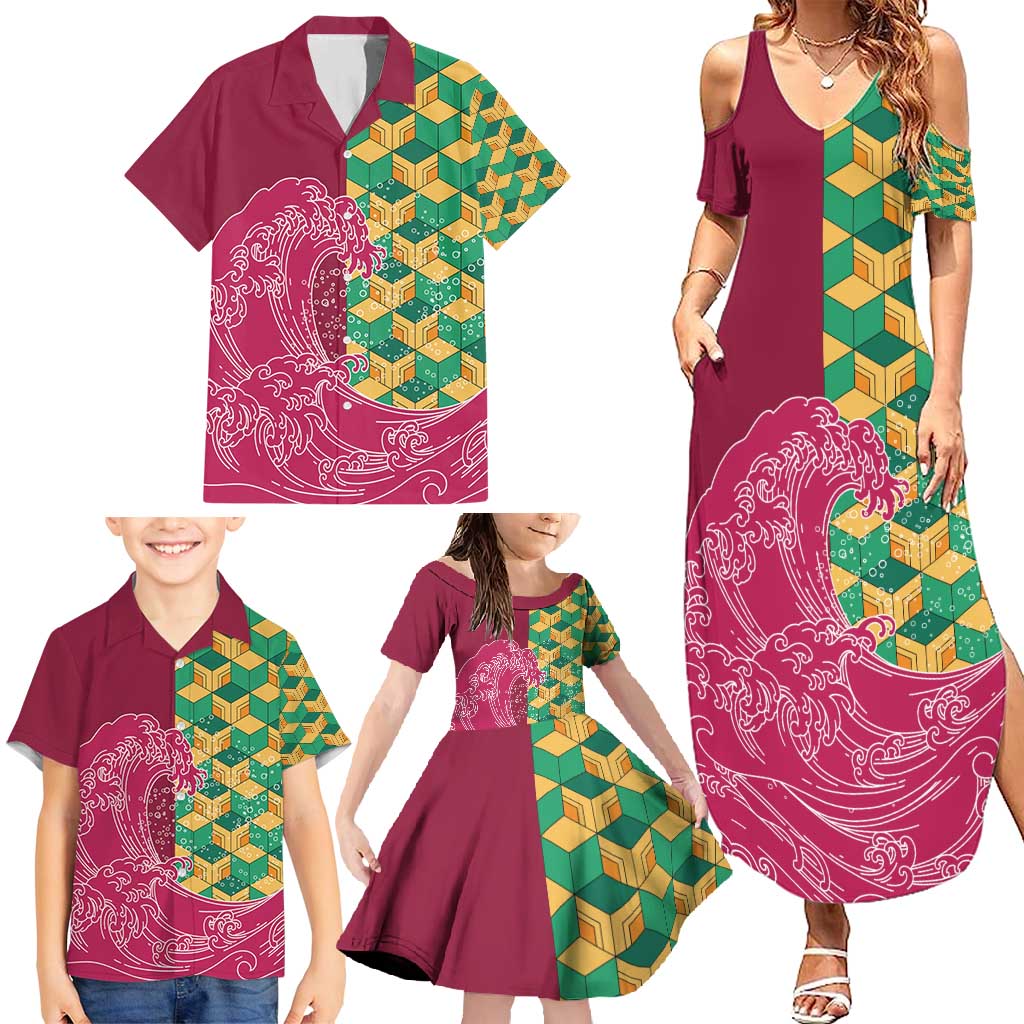 Japanese Bishamon-Kikkou Pattern Family Matching Summer Maxi Dress and Hawaiian Shirt Water Pillar Silent River Flow - Wonder Print Shop