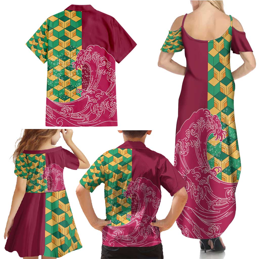 Japanese Bishamon-Kikkou Pattern Family Matching Summer Maxi Dress and Hawaiian Shirt Water Pillar Silent River Flow - Wonder Print Shop