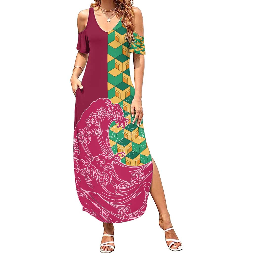 Japanese Bishamon-Kikkou Pattern Family Matching Summer Maxi Dress and Hawaiian Shirt Water Pillar Silent River Flow - Wonder Print Shop
