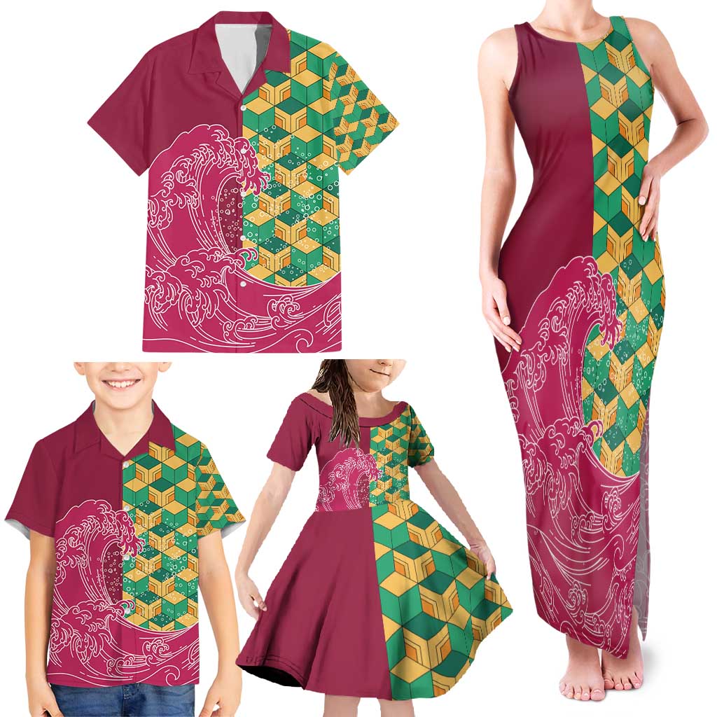Japanese Bishamon-Kikkou Pattern Family Matching Tank Maxi Dress and Hawaiian Shirt Water Pillar Silent River Flow - Wonder Print Shop