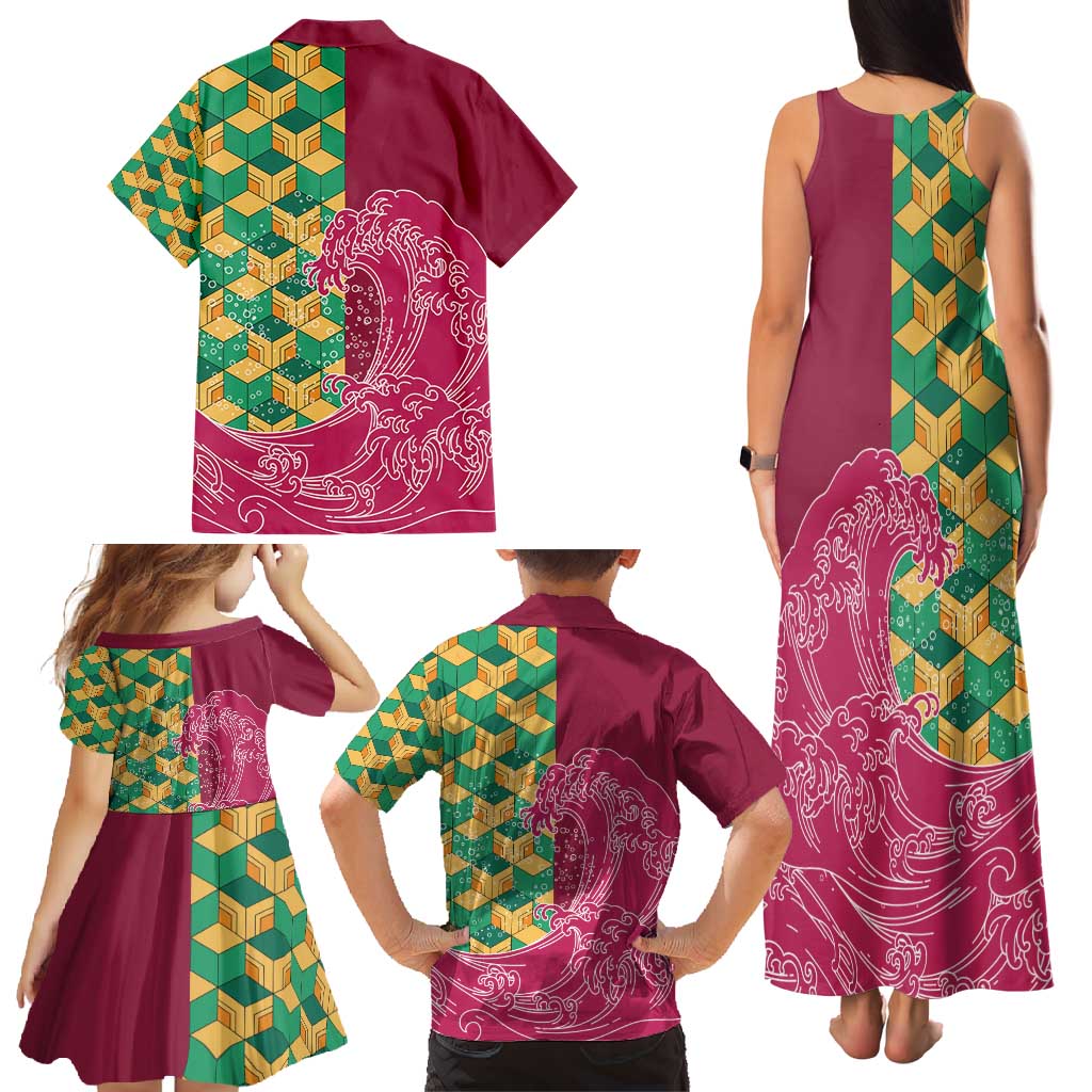 Japanese Bishamon-Kikkou Pattern Family Matching Tank Maxi Dress and Hawaiian Shirt Water Pillar Silent River Flow - Wonder Print Shop