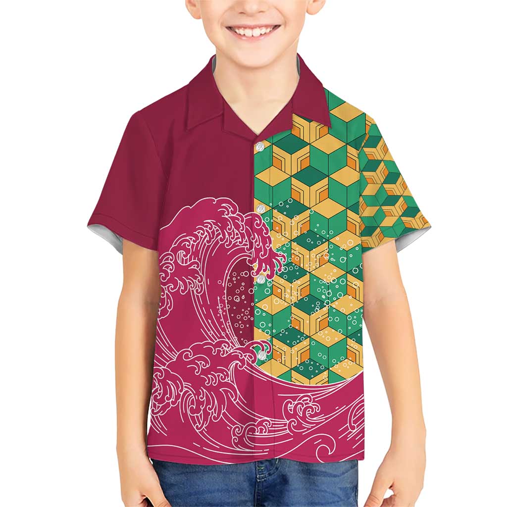 Japanese Bishamon-Kikkou Pattern Kid Hawaiian Shirt Water Pillar Silent River Flow - Wonder Print Shop