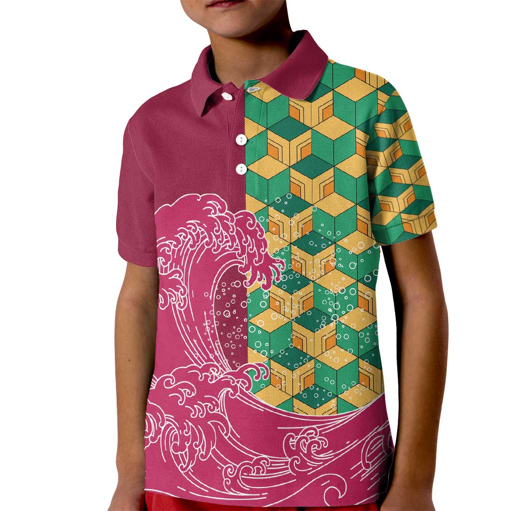 Japanese Bishamon-Kikkou Pattern Kid Polo Shirt Water Pillar Silent River Flow - Wonder Print Shop