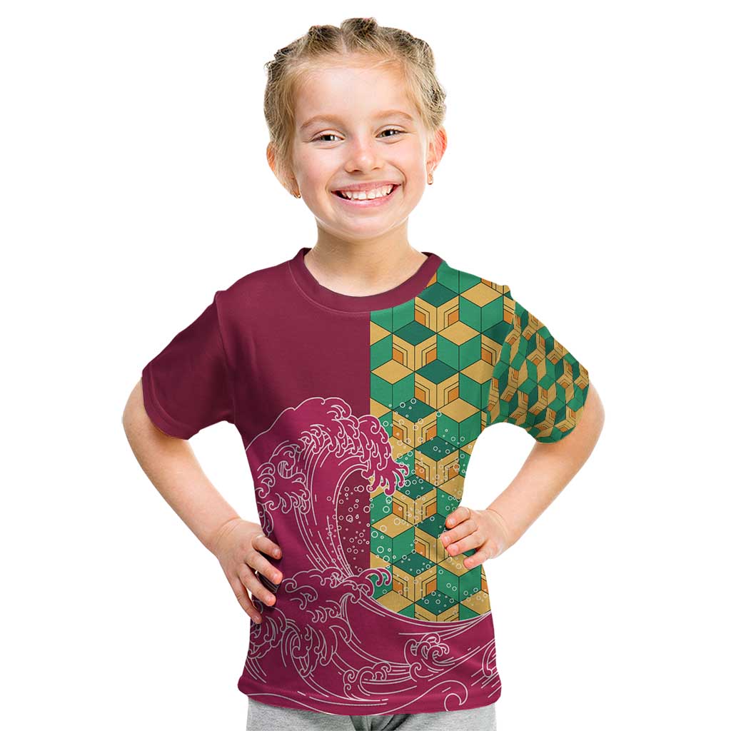 Japanese Bishamon-Kikkou Pattern Kid T Shirt Water Pillar Silent River Flow - Wonder Print Shop