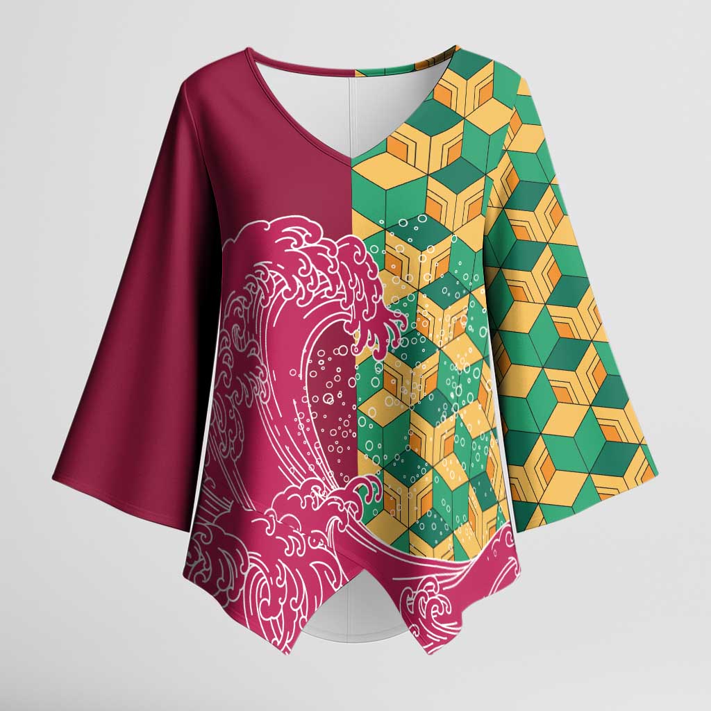 Japanese Bishamon-Kikkou Pattern Kimono Sleeve Blouse Water Pillar Silent River Flow - Wonder Print Shop