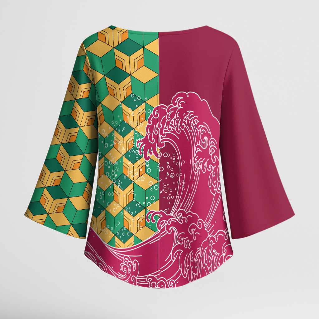 Japanese Bishamon-Kikkou Pattern Kimono Sleeve Blouse Water Pillar Silent River Flow - Wonder Print Shop