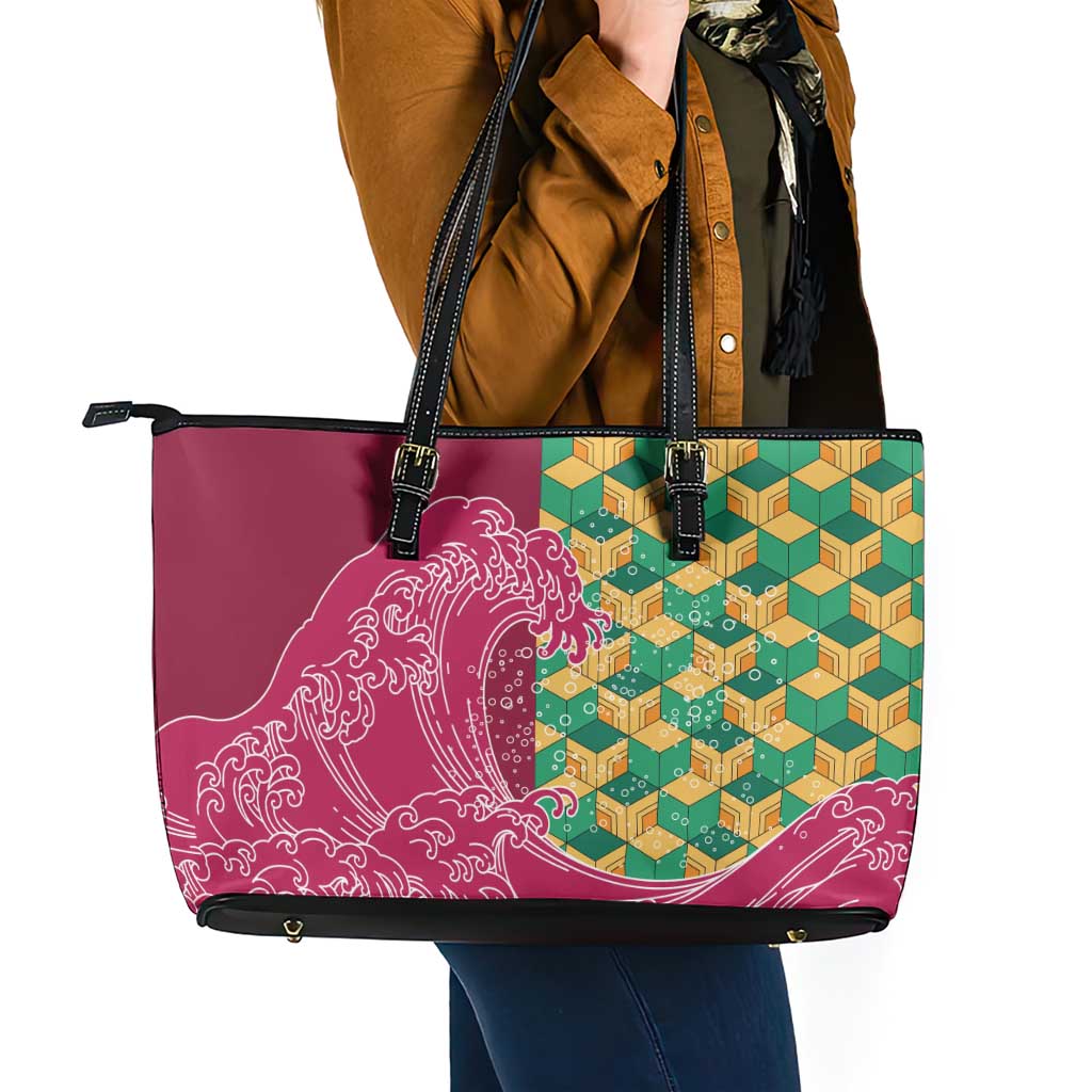 Japanese Bishamon-Kikkou Pattern Leather Tote Bag Water Pillar Silent River Flow - Wonder Print Shop