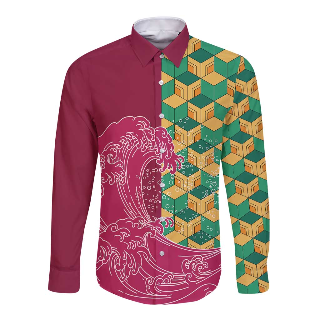 Japanese Bishamon-Kikkou Pattern Long Sleeve Button Shirt Water Pillar Silent River Flow - Wonder Print Shop