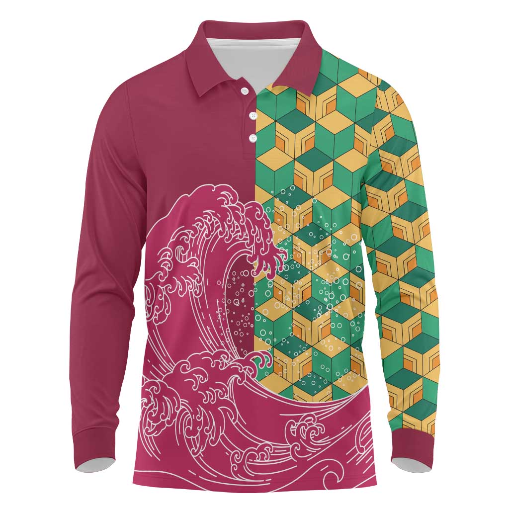 Japanese Bishamon-Kikkou Pattern Long Sleeve Polo Shirt Water Pillar Silent River Flow - Wonder Print Shop