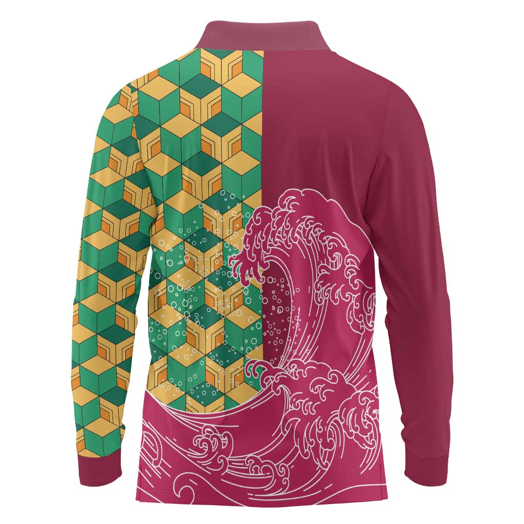 Japanese Bishamon-Kikkou Pattern Long Sleeve Polo Shirt Water Pillar Silent River Flow - Wonder Print Shop