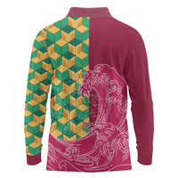 Japanese Bishamon-Kikkou Pattern Long Sleeve Polo Shirt Water Pillar Silent River Flow - Wonder Print Shop