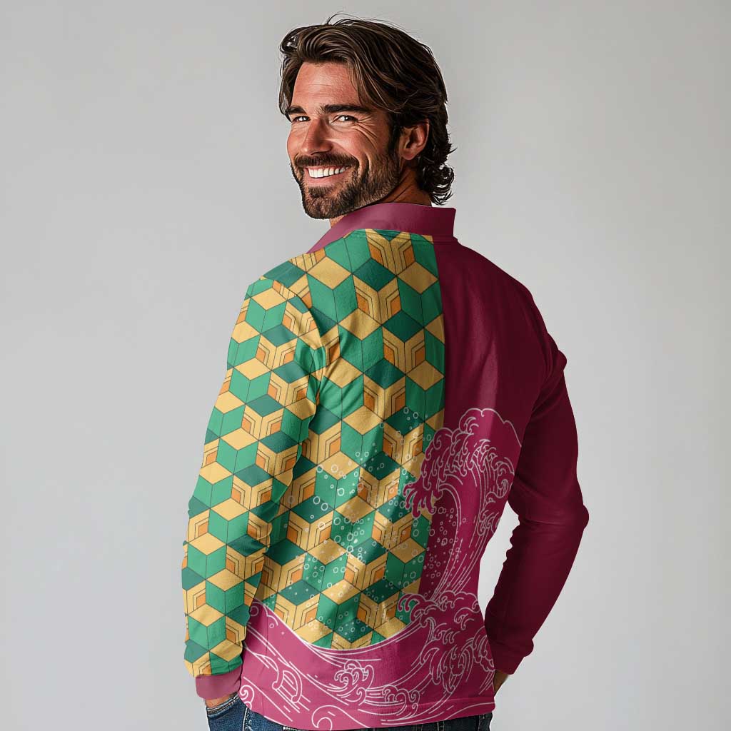 Japanese Bishamon-Kikkou Pattern Long Sleeve Polo Shirt Water Pillar Silent River Flow - Wonder Print Shop