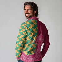 Japanese Bishamon-Kikkou Pattern Long Sleeve Polo Shirt Water Pillar Silent River Flow - Wonder Print Shop