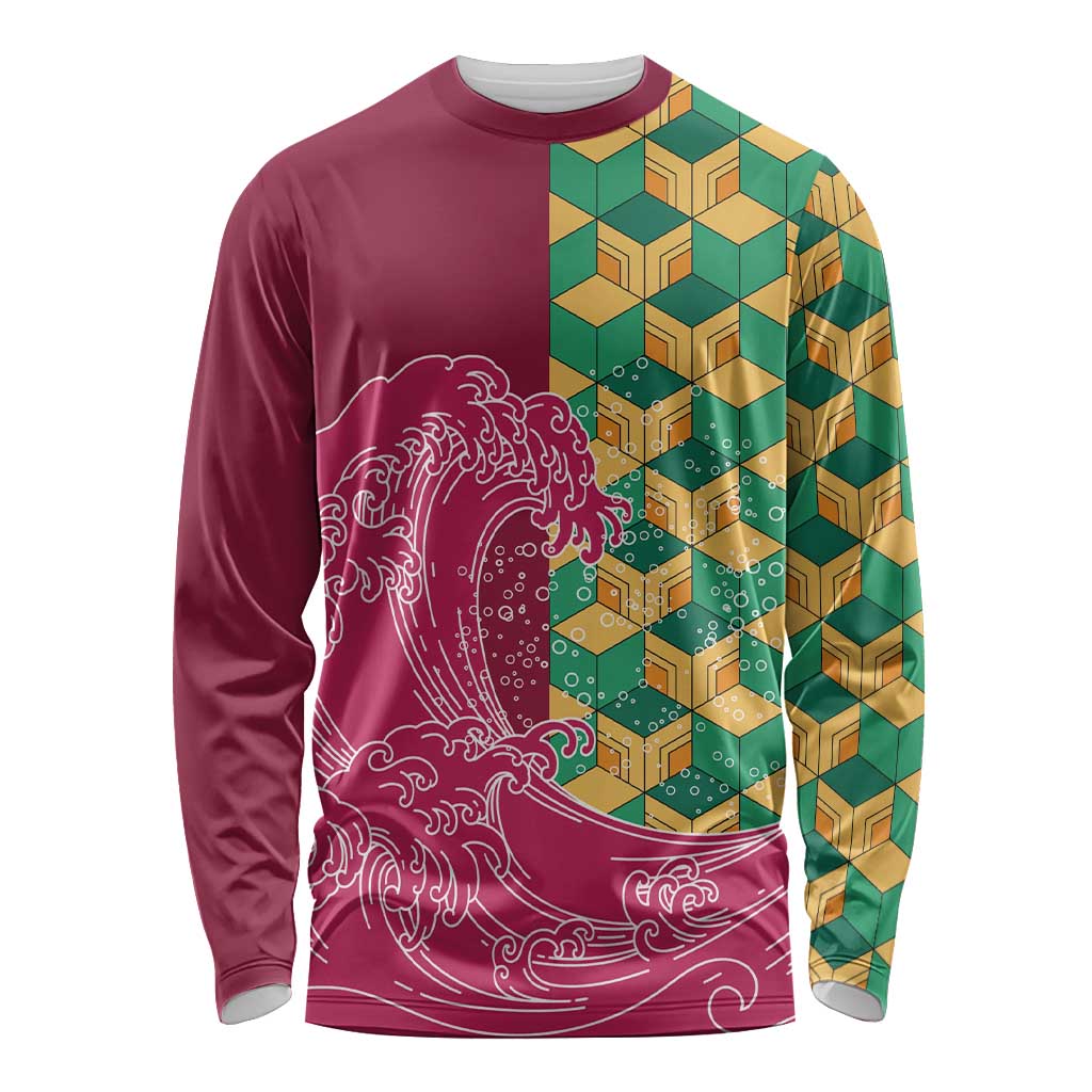 Japanese Bishamon-Kikkou Pattern Long Sleeve Shirt Water Pillar Silent River Flow - Wonder Print Shop