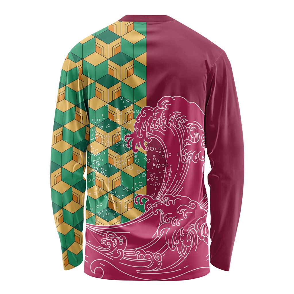 Japanese Bishamon-Kikkou Pattern Long Sleeve Shirt Water Pillar Silent River Flow - Wonder Print Shop