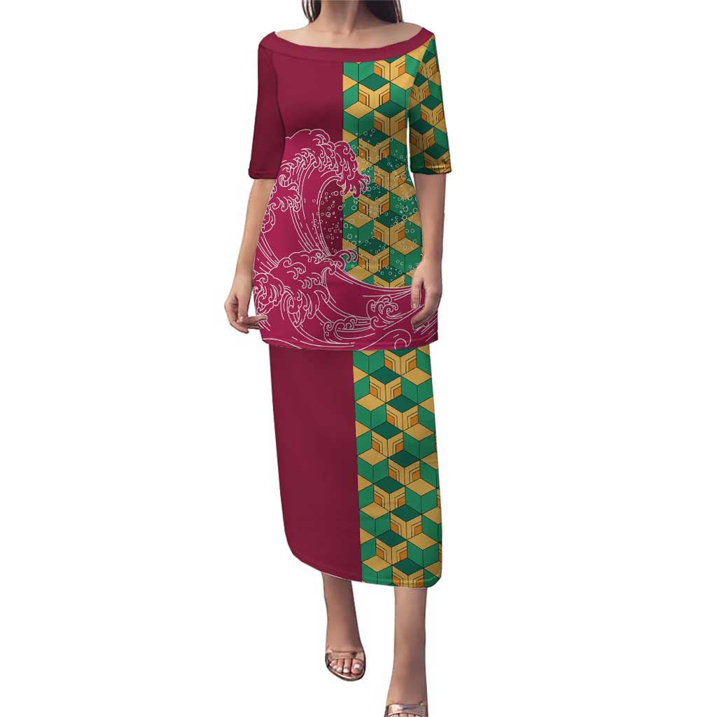 Japanese Bishamon-Kikkou Pattern Puletasi Water Pillar Silent River Flow - Wonder Print Shop