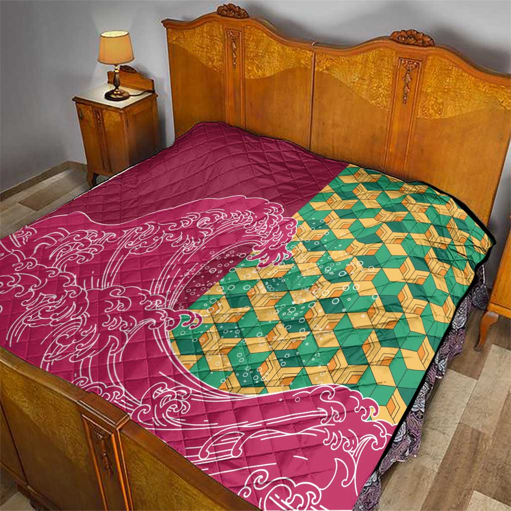 Japanese Bishamon-Kikkou Pattern Quilt Water Pillar Silent River Flow - Wonder Print Shop