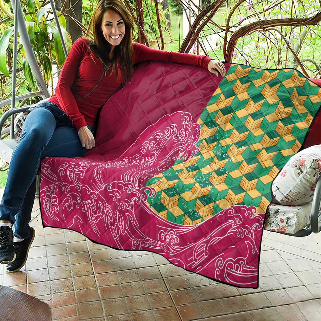 Japanese Bishamon-Kikkou Pattern Quilt Water Pillar Silent River Flow - Wonder Print Shop