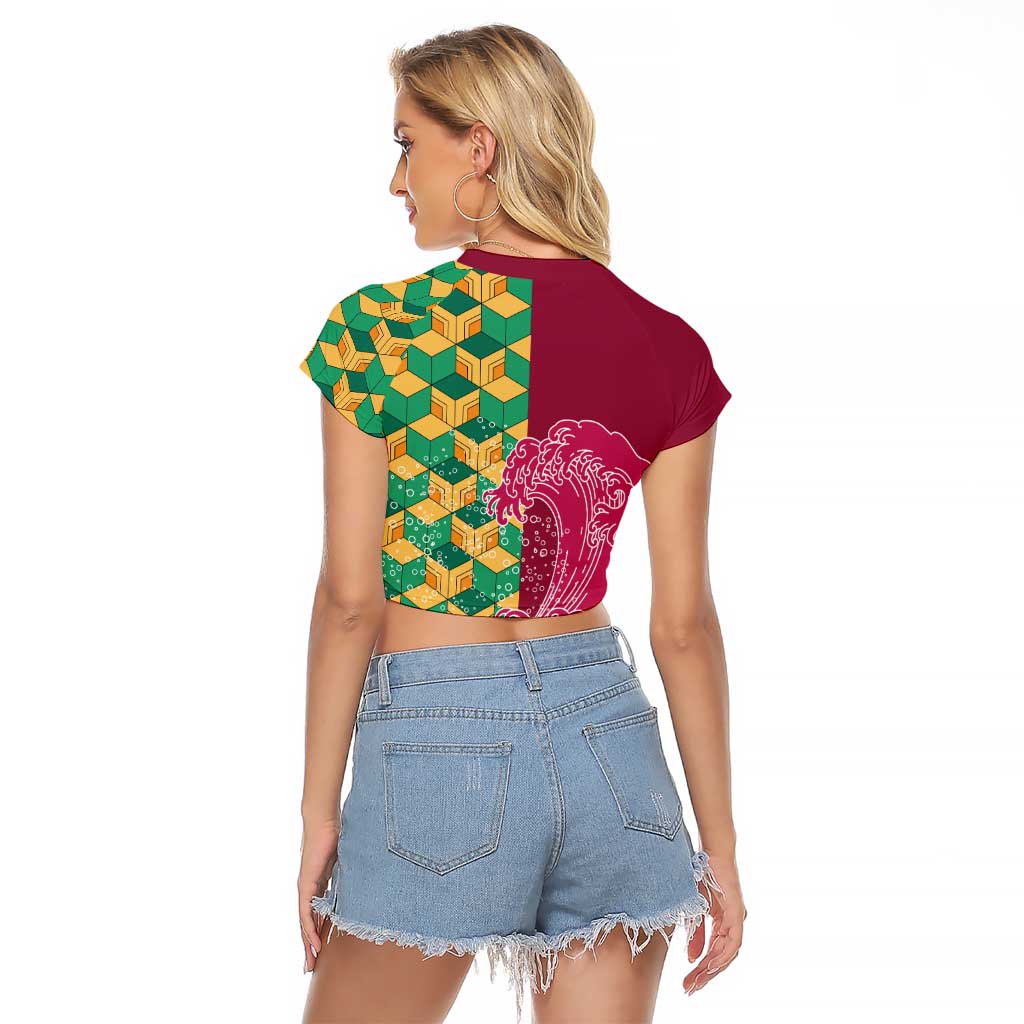 Japanese Bishamon-Kikkou Pattern Raglan Cropped T Shirt Water Pillar Silent River Flow - Wonder Print Shop