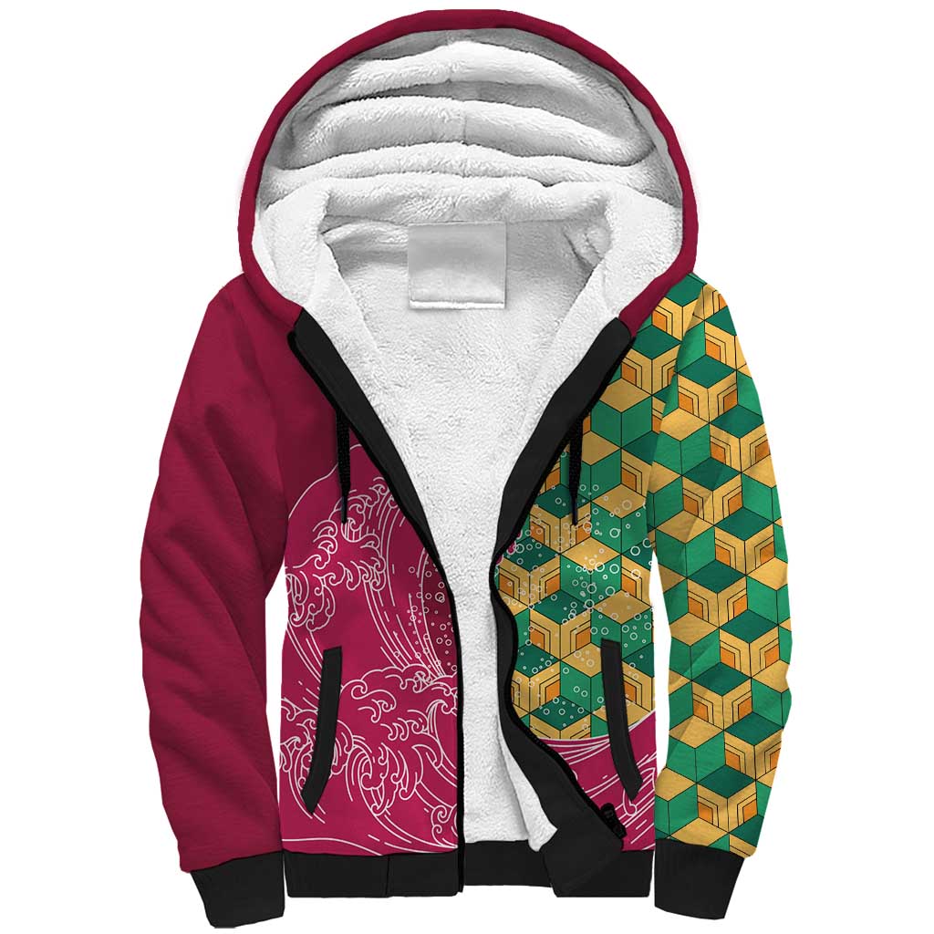 Japanese Bishamon-Kikkou Pattern Sherpa Hoodie Water Pillar Silent River Flow - Wonder Print Shop