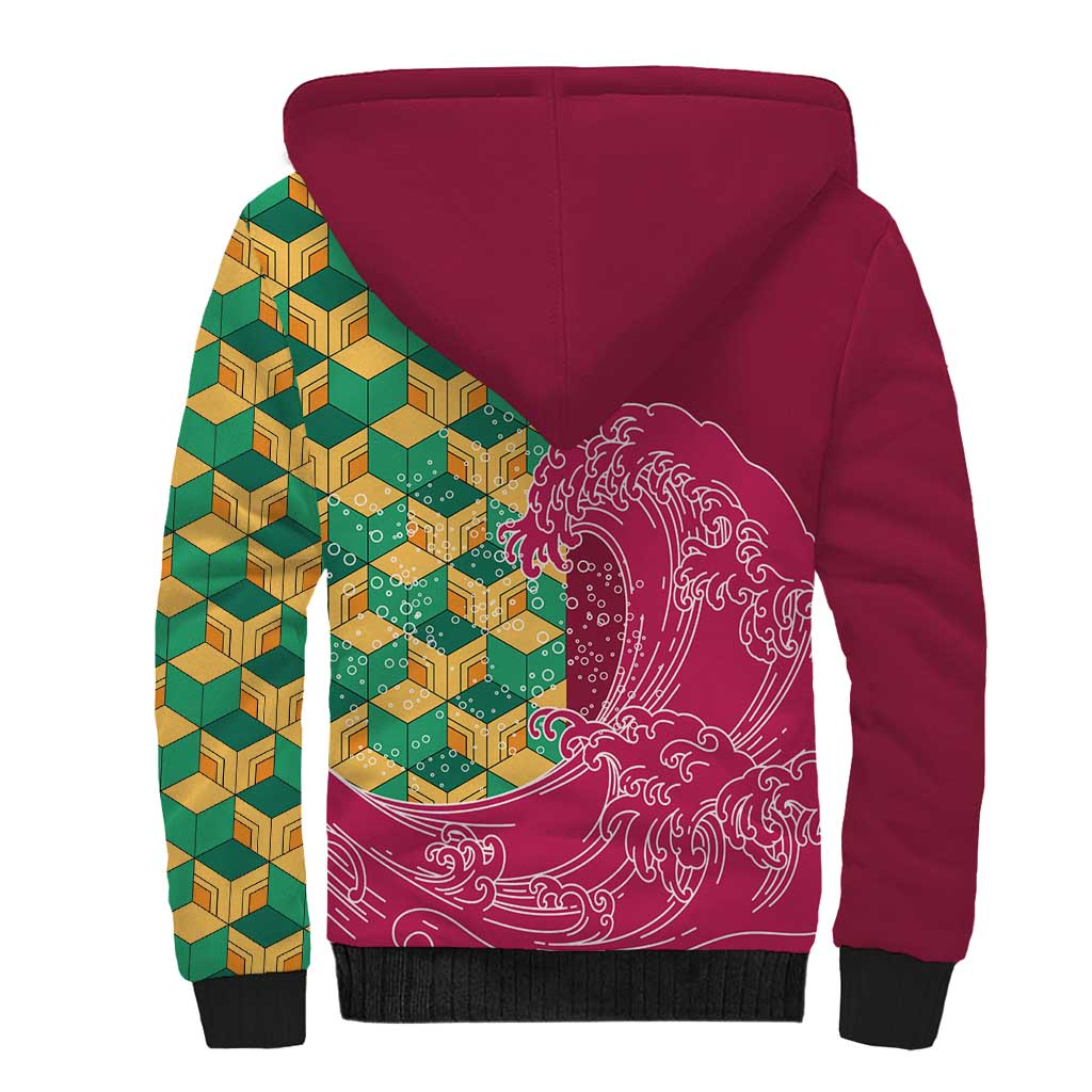 Japanese Bishamon-Kikkou Pattern Sherpa Hoodie Water Pillar Silent River Flow - Wonder Print Shop