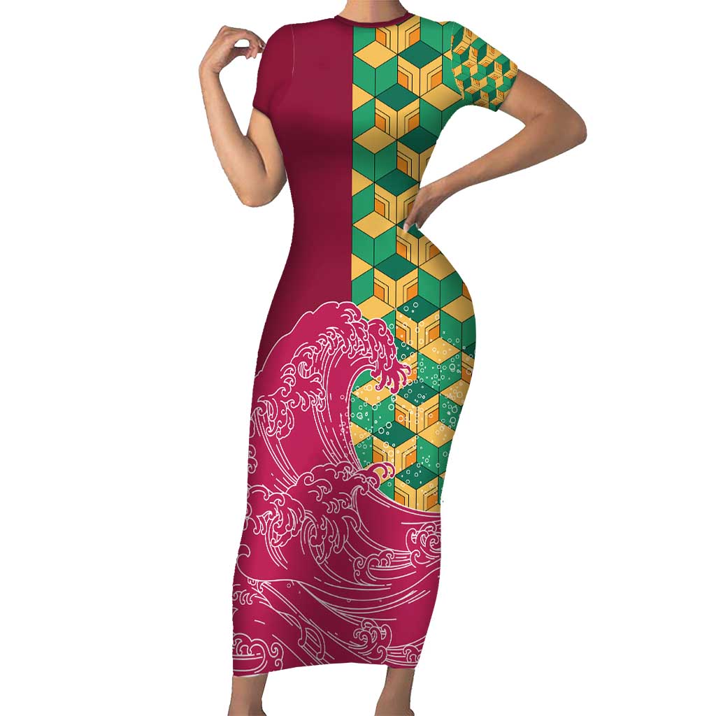 Japanese Bishamon-Kikkou Pattern Short Sleeve Bodycon Dress Water Pillar Silent River Flow - Wonder Print Shop