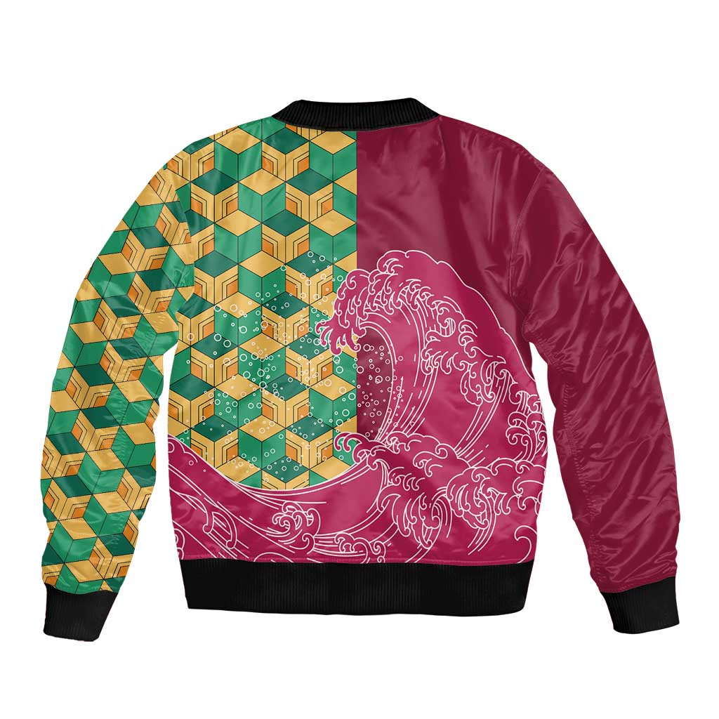 Japanese Bishamon-Kikkou Pattern Sleeve Zip Bomber Jacket Water Pillar Silent River Flow - Wonder Print Shop