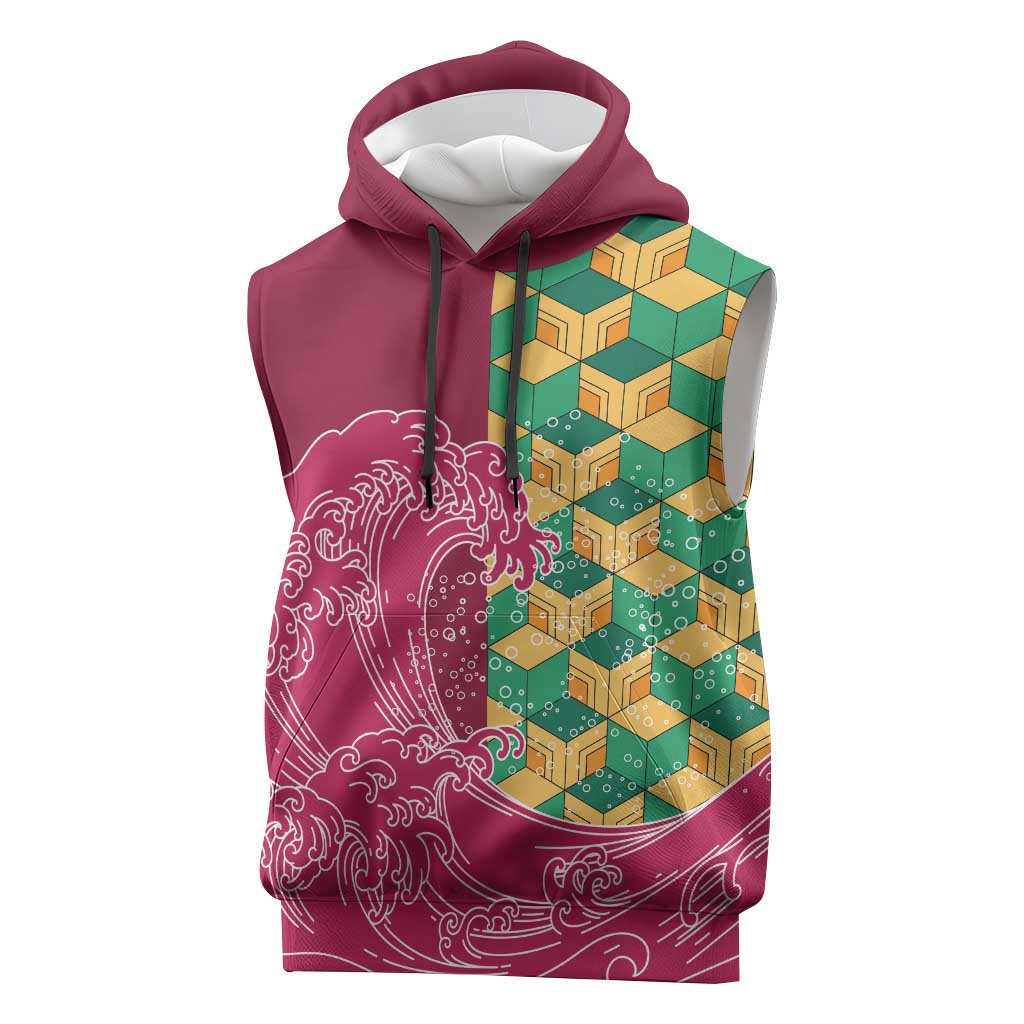Japanese Bishamon-Kikkou Pattern Sleeveless Hoodie Water Pillar Silent River Flow - Wonder Print Shop