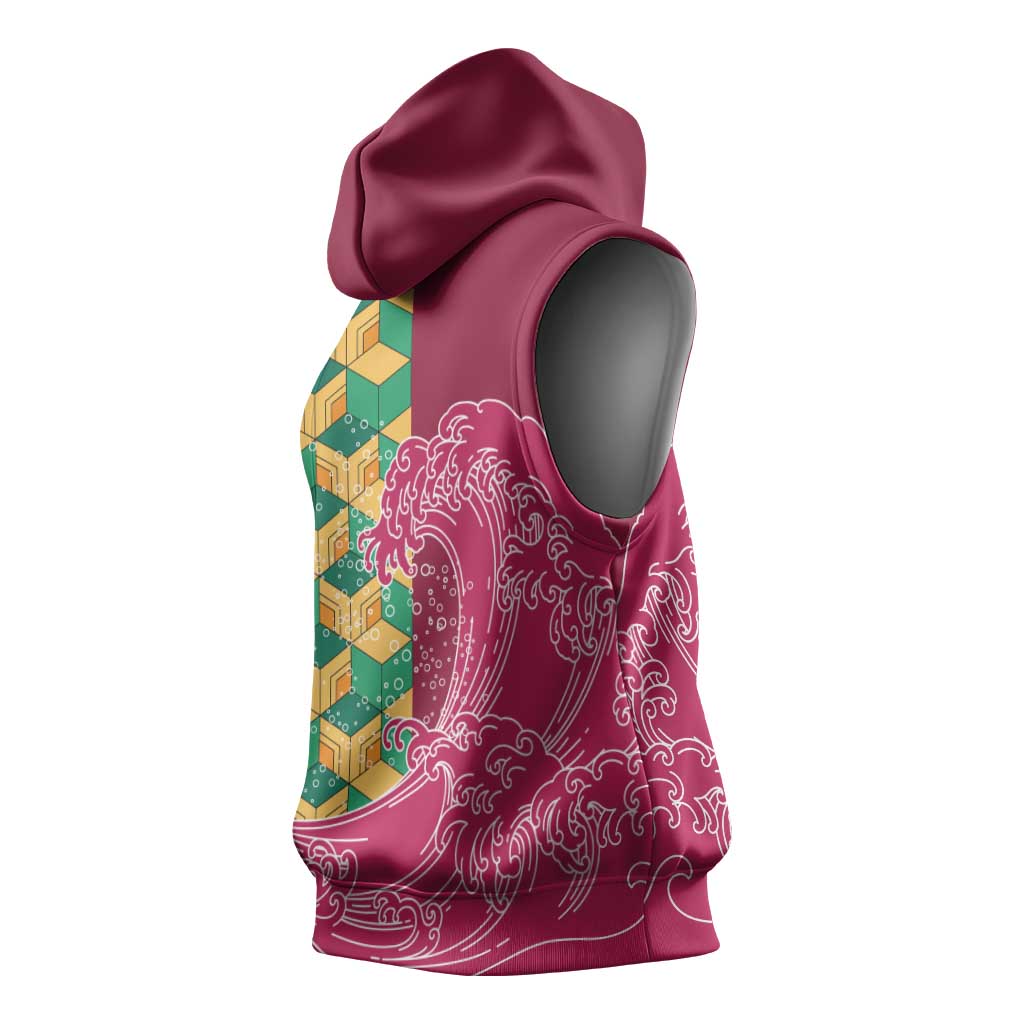 Japanese Bishamon-Kikkou Pattern Sleeveless Hoodie Water Pillar Silent River Flow - Wonder Print Shop