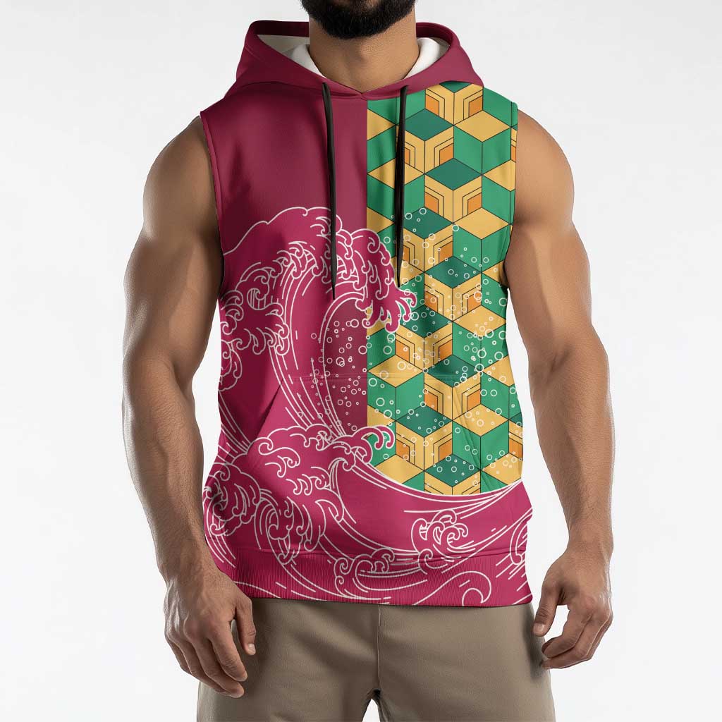 Japanese Bishamon-Kikkou Pattern Sleeveless Hoodie Water Pillar Silent River Flow - Wonder Print Shop