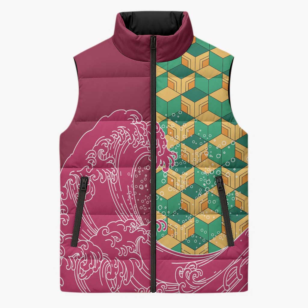 Japanese Bishamon-Kikkou Pattern Sleeveless Puffer Jacket Water Pillar Silent River Flow - Wonder Print Shop