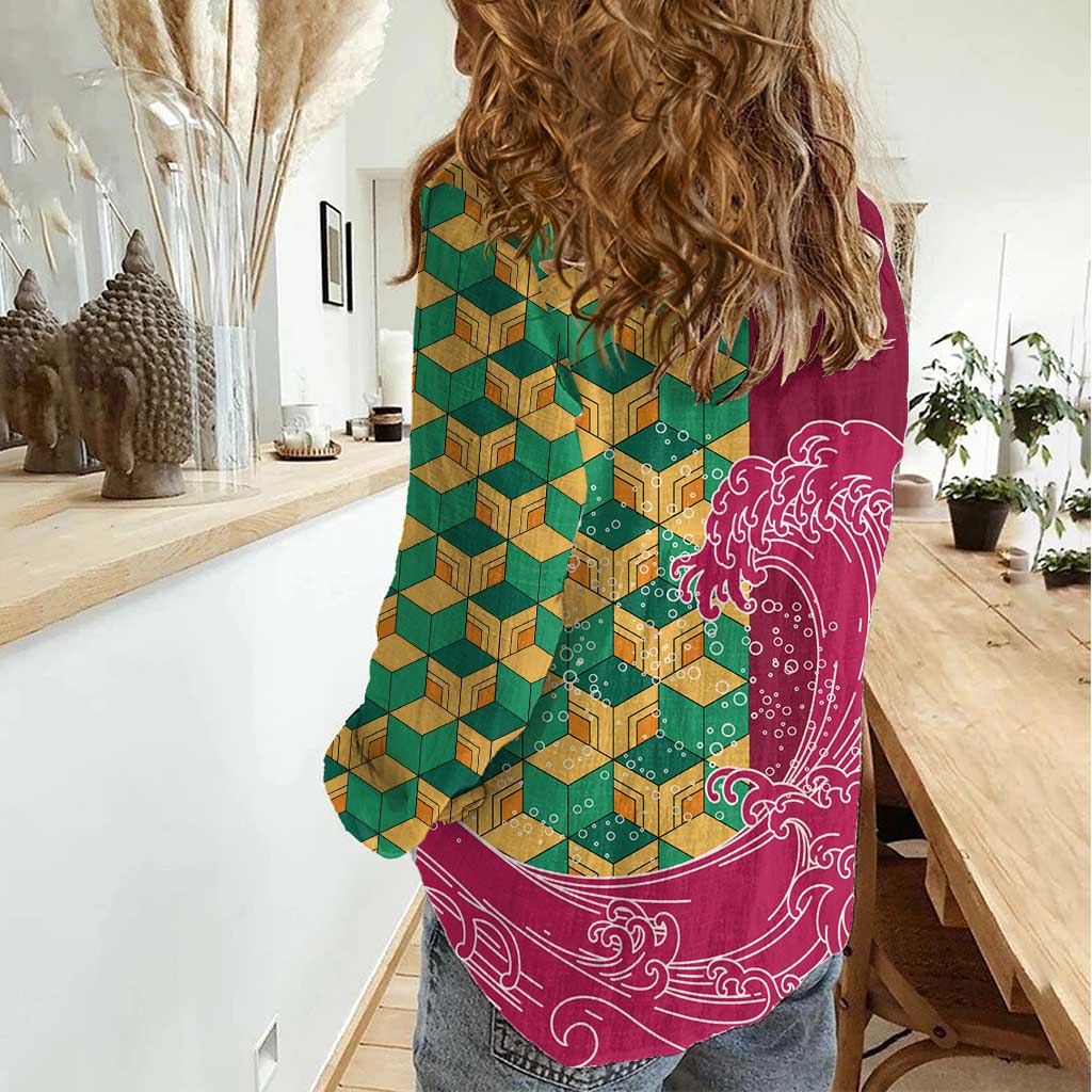 Japanese Bishamon-Kikkou Pattern Women Casual Shirt Water Pillar Silent River Flow - Wonder Print Shop