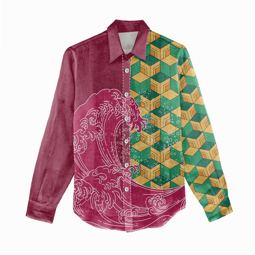 Japanese Bishamon-Kikkou Pattern Women Casual Shirt Water Pillar Silent River Flow - Wonder Print Shop