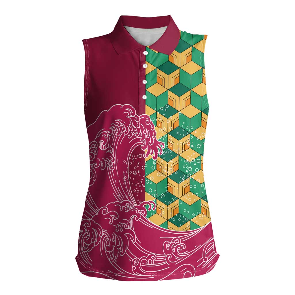 Japanese Bishamon-Kikkou Pattern Women Sleeveless Polo Shirt Water Pillar Silent River Flow - Wonder Print Shop