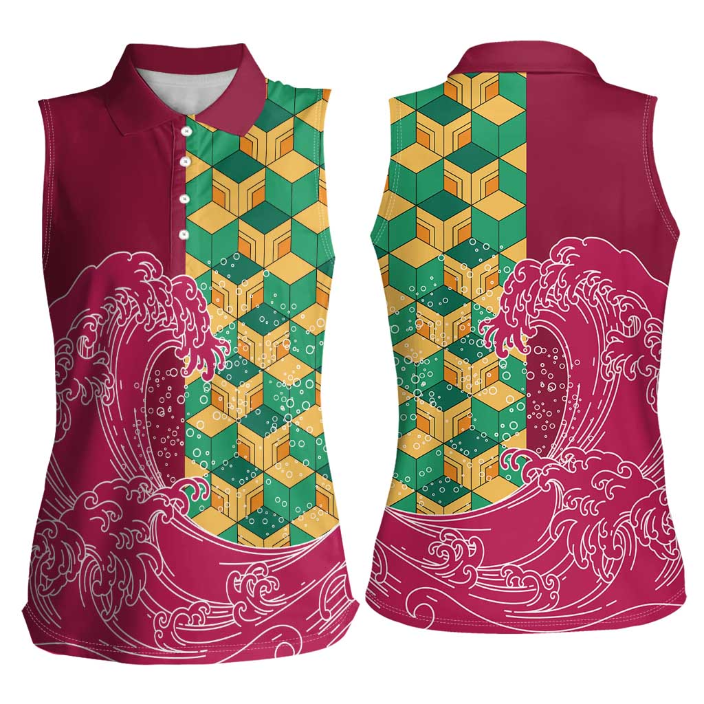 Japanese Bishamon-Kikkou Pattern Women Sleeveless Polo Shirt Water Pillar Silent River Flow - Wonder Print Shop