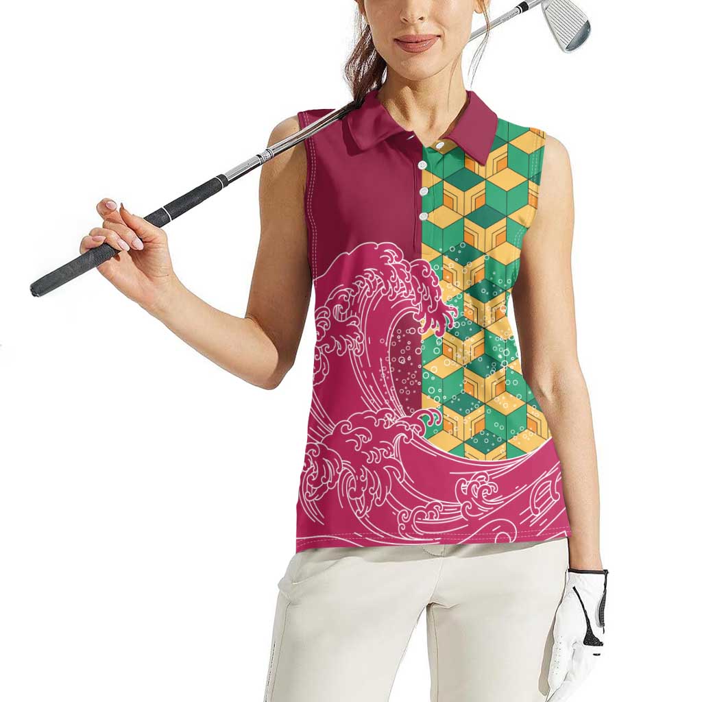 Japanese Bishamon-Kikkou Pattern Women Sleeveless Polo Shirt Water Pillar Silent River Flow - Wonder Print Shop