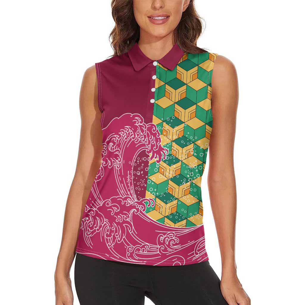 Japanese Bishamon-Kikkou Pattern Women Sleeveless Polo Shirt Water Pillar Silent River Flow - Wonder Print Shop