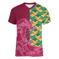 Japanese Bishamon-Kikkou Pattern Women V-Neck T-Shirt Water Pillar Silent River Flow - Wonder Print Shop