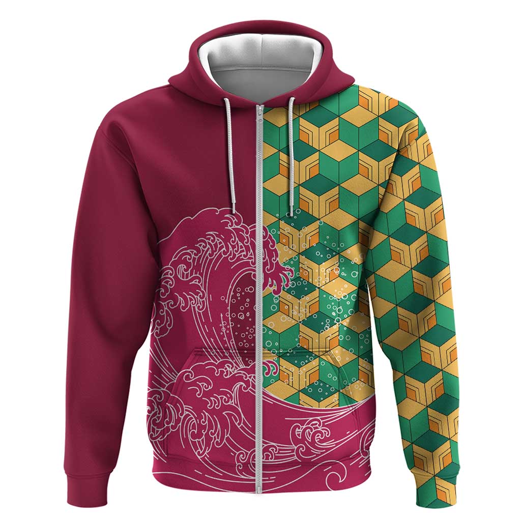 Japanese Bishamon-Kikkou Pattern Zip Hoodie Water Pillar Silent River Flow - Wonder Print Shop