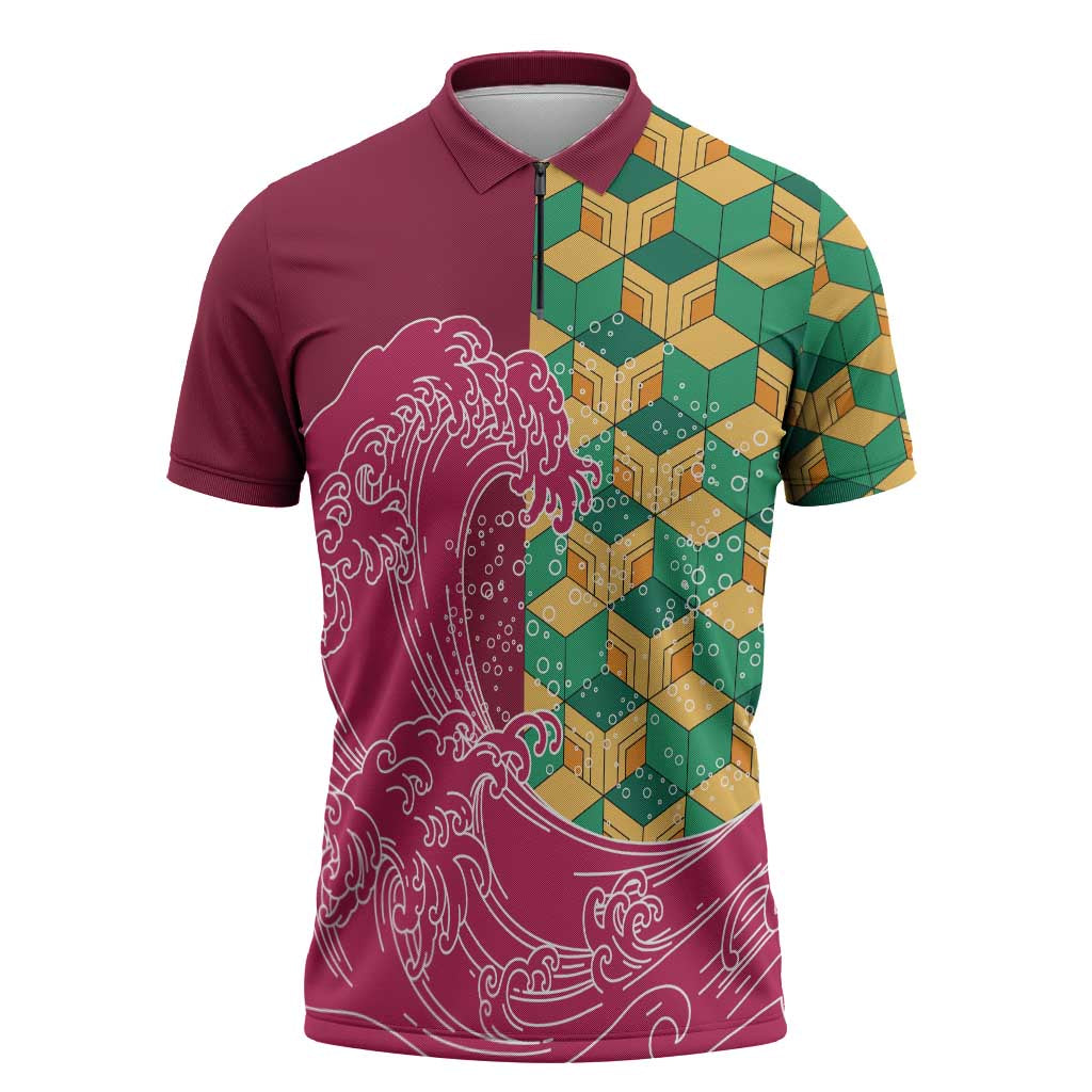 Japanese Bishamon-Kikkou Pattern Zipper Polo Shirt Water Pillar Silent River Flow - Wonder Print Shop