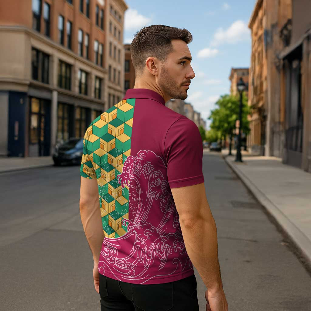 Japanese Bishamon-Kikkou Pattern Zipper Polo Shirt Water Pillar Silent River Flow - Wonder Print Shop