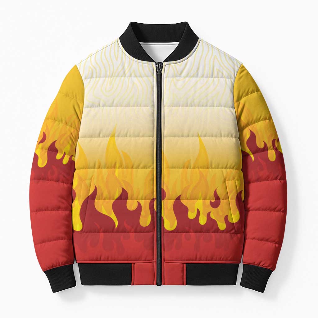 Japanese Kaen Pattern Bomber Puffer Jacket Flame Pillar Blazing Lion Heart - Wonder Print Shop