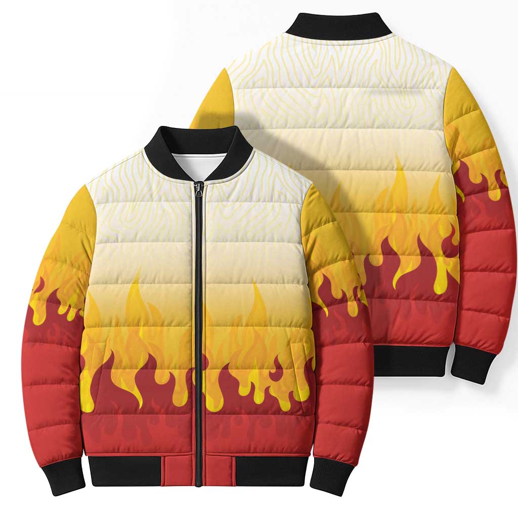 Japanese Kaen Pattern Bomber Puffer Jacket Flame Pillar Blazing Lion Heart - Wonder Print Shop
