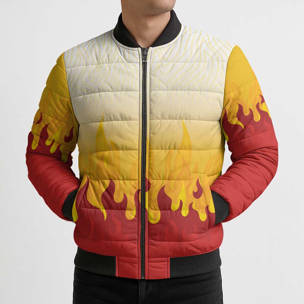 Japanese Kaen Pattern Bomber Puffer Jacket Flame Pillar Blazing Lion Heart - Wonder Print Shop