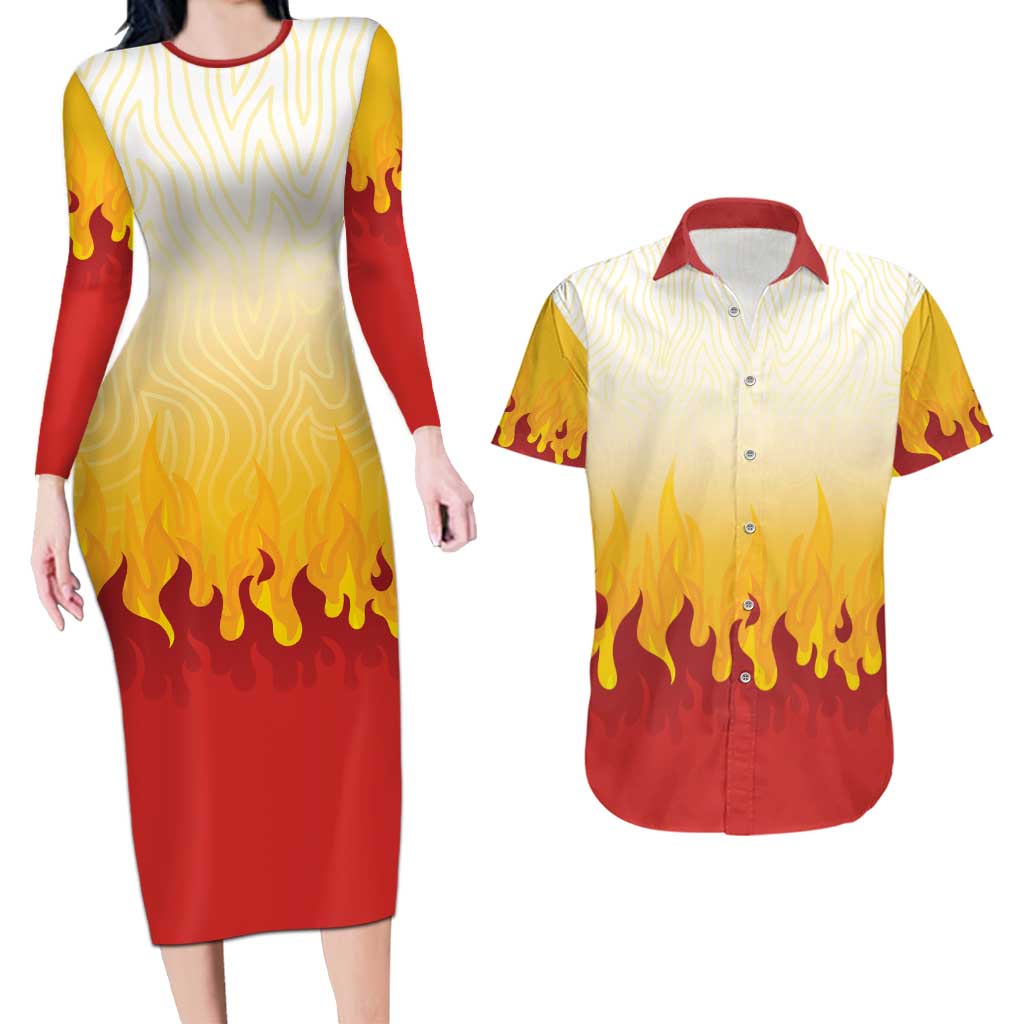 Japanese Kaen Pattern Couples Matching Long Sleeve Bodycon Dress and Hawaiian Shirt Flame Pillar Blazing Lion Heart - Wonder Print Shop
