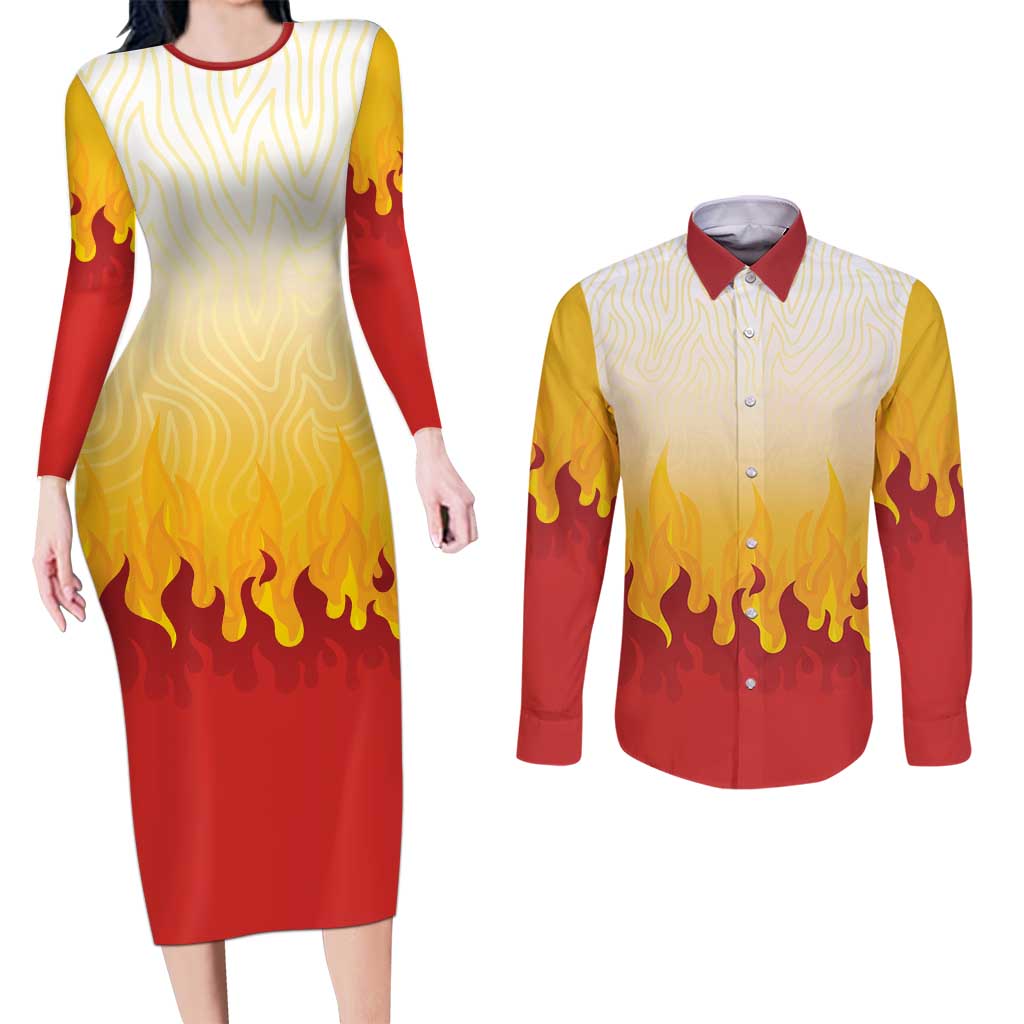 Japanese Kaen Pattern Couples Matching Long Sleeve Bodycon Dress and Long Sleeve Button Shirt Flame Pillar Blazing Lion Heart - Wonder Print Shop