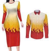 Japanese Kaen Pattern Couples Matching Long Sleeve Bodycon Dress and Long Sleeve Button Shirt Flame Pillar Blazing Lion Heart - Wonder Print Shop