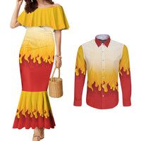 Japanese Kaen Pattern Couples Matching Mermaid Dress and Long Sleeve Button Shirt Flame Pillar Blazing Lion Heart - Wonder Print Shop