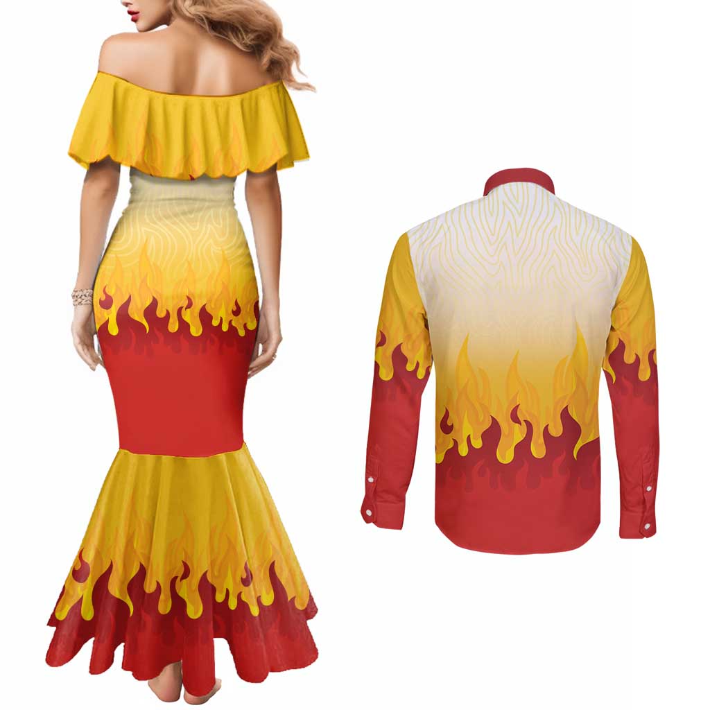 Japanese Kaen Pattern Couples Matching Mermaid Dress and Long Sleeve Button Shirt Flame Pillar Blazing Lion Heart - Wonder Print Shop