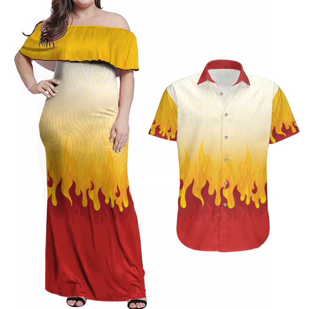Japanese Kaen Pattern Couples Matching Off Shoulder Maxi Dress and Hawaiian Shirt Flame Pillar Blazing Lion Heart - Wonder Print Shop